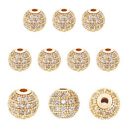 SUNNYCLUE 10Pcs Rack Plating Brass Cubic Zirconia Beads, Long-Lasting Plated, Round, Golden, 8x7mm, Hole: 2mm