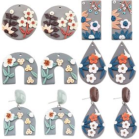 CHGCRAFT 8Pcs 4 Style Polymer Clay Charm Pendants Teardrop Flat Round Arched Rectangle with Flower Handmade Polymer Clay Beads for Earring Phone Straps Key Bag Decor, 30~41mm Length