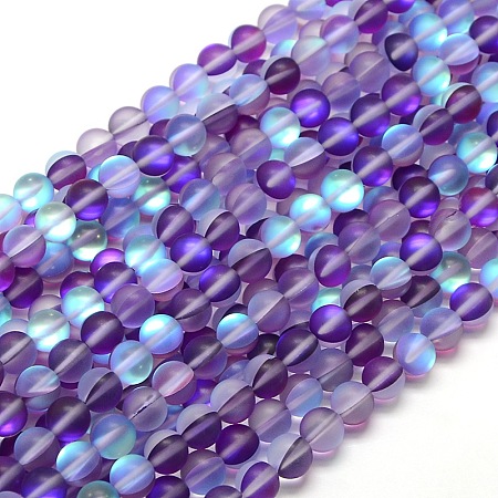 ARRICRAFT Synthetic Moonstone Beads Strands, Holographic Beads, Half AB Color Plated, Frosted, Round, Blue Violet, 6mm, Hole: 1mm, about 60pcs/strand, 15 inches