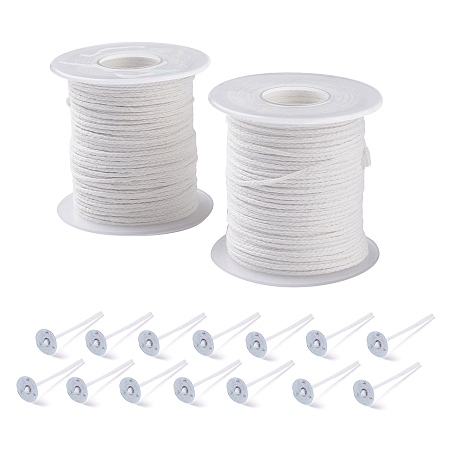 PandaHall Elite 400ft 2mm White Braided Wick Line Candle Wick with 100pcs Platinum Candle Wick Sustainer Tabs for Candle Making Candle DIY (200ft Each Roll, 2 Rolls Totally)