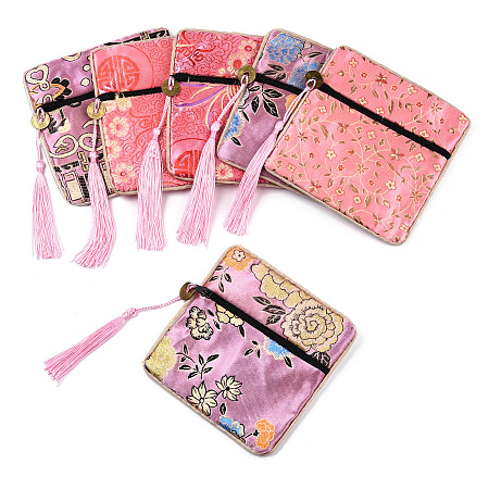 Honeyhandy Chinese Brocade Tassel Zipper Jewelry Bag Gift Pouch, Square with Flower Pattern, Pink, 11.5~11.8x11.5~11.8x0.4~0.5cm