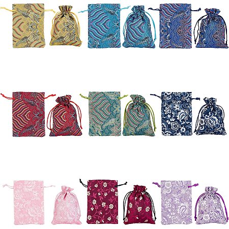 AHANDMAKER 18Pcs 9 Style Silk Brocade Pouches Drawstring Gift Bags, Drawstring Gift Bag with Wave and Flower Pattern, Silk Pouches for Women Necklaces Earrings Bracelets Wedding Christmas Favor Bags