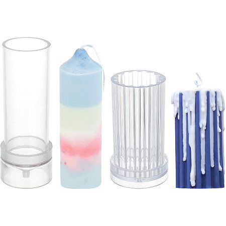OLYCRAFT 2pcs 2 Styles Plastic Candle Molds Including Pillar Mold Cylinder Rib Mold Plastic Pillar Candle Making Kit for Christmas Wedding Home Dinner Decoration