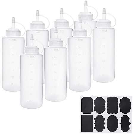 PandaHall Elite 12oz Plastic Squeeze Bottles Empty Squeeze Squirt Bottle with Twist On Cap Lids Scale for Crafts, Art, Glue, Paint with Sticker Labels, 8 Pack