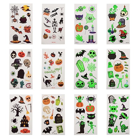 Arricraft Halloween Theme Luminous Tattoo Stickers, Import Waterproof Temporary Tattoo Stickers, Mixed Color, 105x60x0.4mm; 1pc/color; 12pcs/set