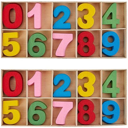PH PandaHall 60 pcs Wooden Numbers, 1~9 Colorful Craft Numbers with Storage Tray for Crafting Class, Mixed Colors