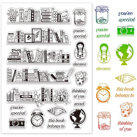 GLOBLELAND Bookshelves and Ornaments TPR Clear Stamps with Acrylic Board Alarm Clock Teacup Camera Transparent Stamp for Card Making DIY Scrapbooking Photo Album Decor Paper Craft