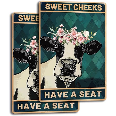 GLOBLELAND 2PCS Cattle Vintage Metal Tin Sign Restroom Sign Sweet Cheeks Have A Seat Decor Home and Business Plaques Wall Sign 7.8×11.8inch
