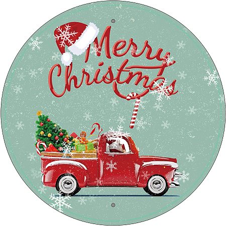 CREATCABIN Merry Christmas Tin Sign Retro Round Metal Vintage Poster Plaque Wall Decor Tree Santa Claus Snowflake for Home Christmas Party Gift Supplies Garden Decoration Cafe Shop Outdoor 12inch