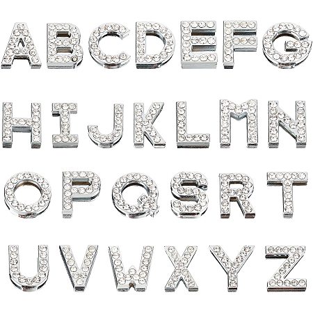 NBEADS 26 Pcs Crystal Rhinestone Slide Charms, Alphabet Letter A-Z Beads, Full Rhinestones Slide Beads for DIY Craft Bracelet Jewelry Making Supplies-Silver