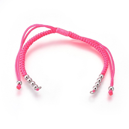 Honeyhandy Nylon Cord Braided Bead Bracelets Making, with Brass Beads, Long-Lasting Plated, Real Platinum Plated, Deep Pink, 10-1/4 inch~11-5/8 inch(26~29.6cm)