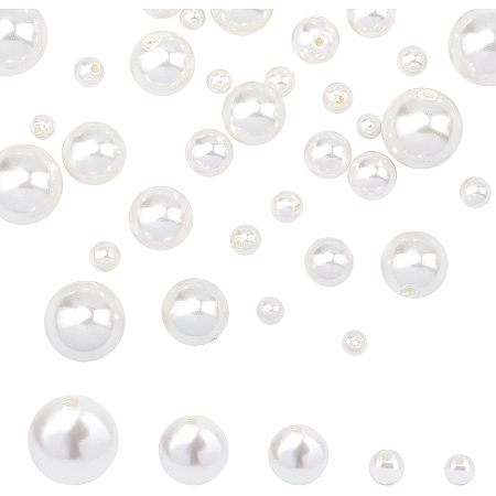 NBEADS 40 Pcs 5 Sizes Shell Pearl Half Drilled Beads, 3mm/4mm/6mm/8mm/10mm Round Pearl Beads Polished Loose Beads for Vase Fillers Wedding Party Home Decoration