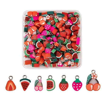 Arricraft 140Pcs/Box 7 Styles Handmade Polymer Clay Pendants, with Platinum Iron Loop, Imitation Food, Strawberry, Watermelon, Cherry, Mixed Color, 12.5~21.5x8~13x4~6mm, Hole: 1.8~2mm, 7 style, 20pcs/style
