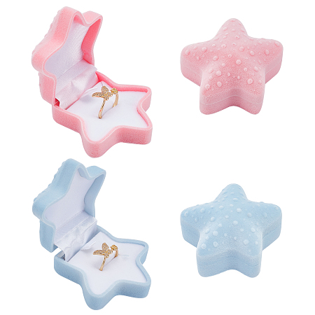 CHGCRAFT 4Pcs 2 Colors Star Fish Ring Box Velvet Ring Boxes Crystal Earrings Jewelry Storage Boxes Ring Display Organizer Case with Foam for Wedding Jewellery Display Decoration Length 6.3cm