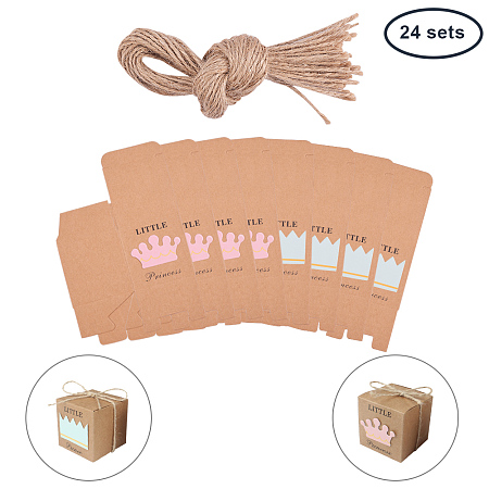 PandaHall Elite 24sets Kraft Gift Boxes Princess&Prince Wedding Favor Boxes Candy Boxes with Hemp Rope 2x2x2 inch Baby Shower Favor Boxes Party Supplies