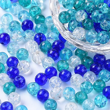 Arricraft Baking Painted Crackle Glass Beads, Carribean Blue Mix, Round, Mixed Color, 6~6.5x5.5~6mm, Hole: 1mm, about 200pcs/bag