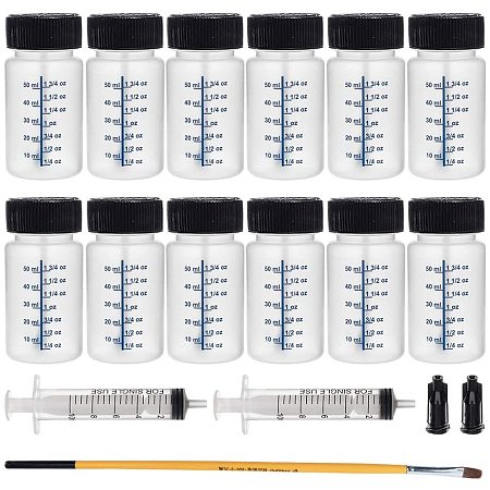 BENECREAT 12 Packs 50ml Touch Up Paint Bottles with Child Resistant Brush Caps and Mixing Balls, 1 Brush, 2 Plastic Syringes and 2 Tip Needles for Glue Leftover Paints Storage