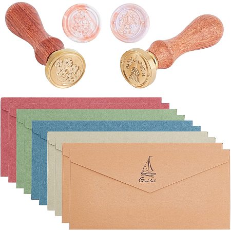 CRASPIRE Wax Seal Stamp with Envelopes Set, 2PCS Sealing Wax Stamp Thistle & Flower Patterns and 10PCS Envelopes 5 Colours, Wax Stamp kit for Invitations Cards Gift Decoration