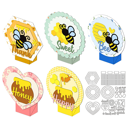 GLOBLELAND Bee Theme Carbon Steel Cutting Dies Stencils, for DIY Scrapbooking, Photo Album, Decorative Embossing Paper Card, Stainless Steel Color, Hexagon & Heart & Flat Round & Flower Pattern, Mixed Patterns, 68~154x72~103x0.8mm, 7pcs/set