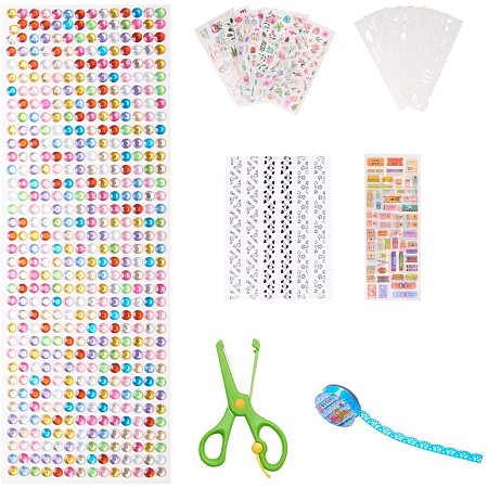 NBEADS 1 Set DIY Scrapbook Stickers Kit, Mixed Resin Rhinestone Stickers with 1Pc Scissor and 1 Roll Lace Adhesive Tape for Scrapbooking Arts Kids DIY Crafts Album Photo Decor