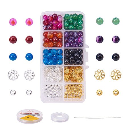 SUNNYCLUE 120pcs 8mm Natural Agate Round Gemstone Beads for Jewelry Making with 50pcs Flower Bead Caps, 50pcs Bead Spacers, 2rolls Crystal Elastic Thread and Beading Needle(Warm Color)