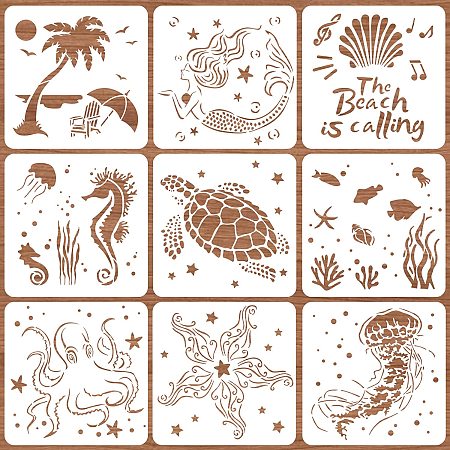 BENECREAT 9PCS 12x12 Inches Mixed Sea Creature Painting Stencil Set, Starfish, Sea Turtle Octopus Painting Templates for Art Craft Painting Scrabooking