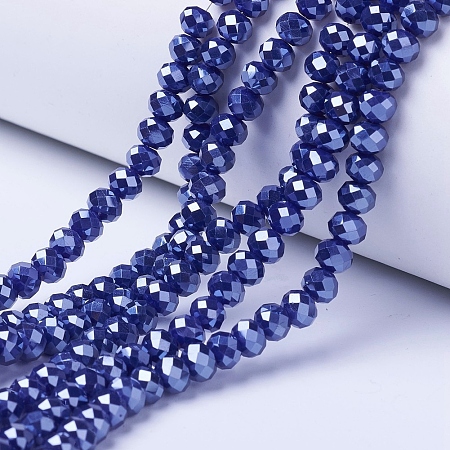 Honeyhandy Electroplate Glass Beads Strands, Pearl Luster Plated, Faceted, Rondelle, Midnight Blue, 4x3mm, Hole: 0.4mm, about 123~127pcs/strand, 17~17.5 inch(43~44cm)