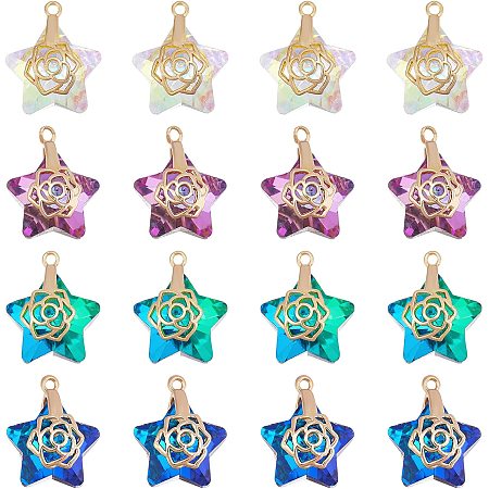 SUPERFINDINGS 16Pcs 4 Colors Star Faceted Glass Pendants Electroplate Glass Crystal Beads Five Star Shape Crystal Dangle Charm with Pinch Bails for DIY Jewelry Necklace Making