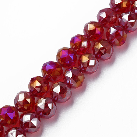 Electroplate Transparent Glass Beads Strands, Faceted, Round, Red, 10x8.5mm, Hole: 1.2mm, about 60pcs/strand, 20.47 inch(52cm)