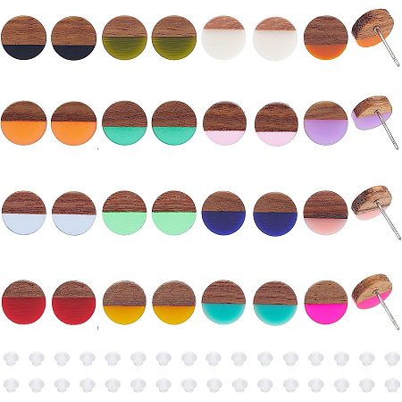 PandaHall Elite 16 Pairs Wood Resin Stud Earrings, 16 Style Flat Round Wood Post Stud Earrings Walnut Wood Statement with 316 Stainless Steel Pins for Women Friends Mom Gifts