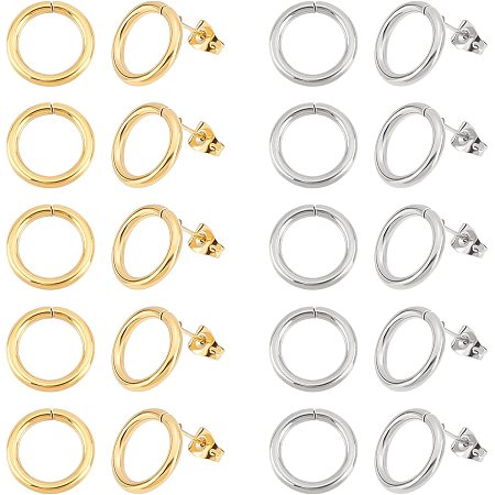 UNICRAFTALE 20Pcs 2 Colors Woman Stud Earrings Round Stud Earrings 0.6mm Pin 304 Stainless Steel Earring Posts 14x2mm Earring Pin Simple Ring Woman Earrings Components Gift for Women