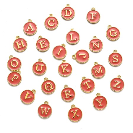ARRICRAFT Initial Letter A~Z Alphabet Enamel Charms, Flat Round Disc Double Sided Charms, Golden Plated Enamelled Sequins Alloy Charms, Hot Pink, 14x12x2mm, Hole: 1.5mm, 26pcs/set