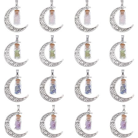 SUPERFINDINGS 16Pcs 4 Styles Column Glass Wishing Bottle Charms Tibetan Style Moon Pendants with Mini Glass Bottle Charms Gemstone Glass Bottle Charms for DIY Crafts