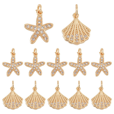 PandaHall Elite 12Pcs 2 Style Brass Charms, with Clear Cubic Zirconia and Jump Rings, Starfish/Sea Stars & Shell Shape, Golden, 12.5~13x11x2.5~3mm, Hole: 2.5mm, 6pcs/style