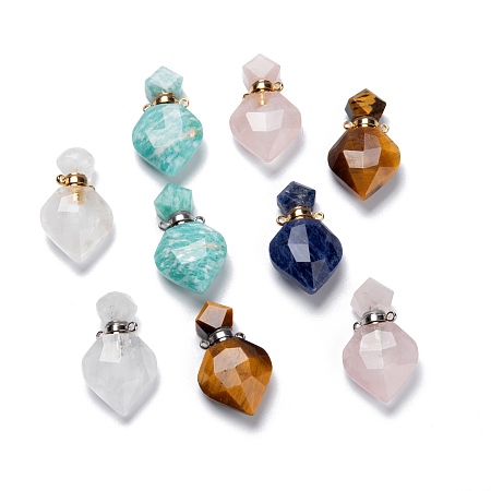 Arricraft Natural Mixed Gemstone Perfume Bottle Pendants, with Brass Findings, Faceted, Rhombus, 27mm, Hole: 1.4mm