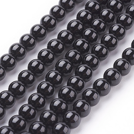 Honeyhandy Natural Tourmaline Beads Strands, Round, Black, 4mm, Hole: 0.8mm, about 43~45pcs/strand, 7.8 inch
