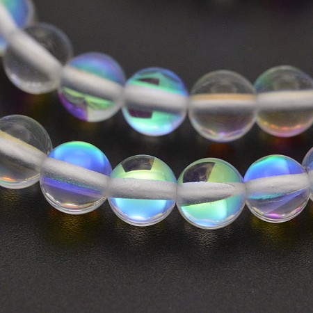 Honeyhandy Round Synthetic Moonstone Beads Strands, Holographic Beads, Dyed, Clear, 8mm, Hole: 1mm, about 45~47pcs/strand, 14~15 inch