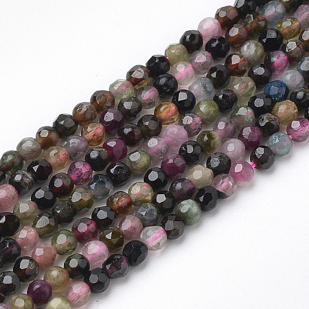 Honeyhandy Natural Tourmaline Beads Strands, Faceted, Round, 3mm, Hole: 0.5mm, about 142pcs/strand, 15.16 inch