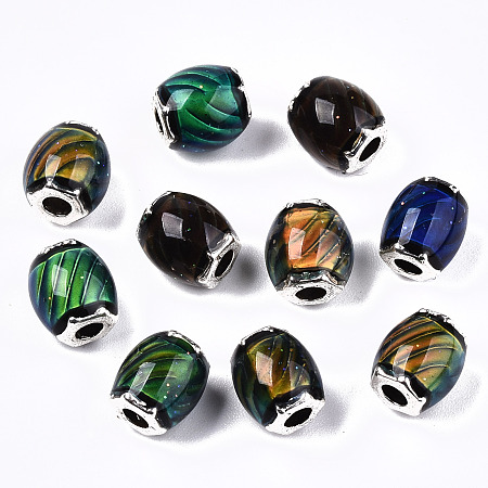 ARRICRAFT Glass Beads, with Platinum Tone Brass Double Cores, Faceted, Drum, Mood Beads(Color will Change with Different Temperature), Colorful, 9x8mm, Hole: 2.5mm