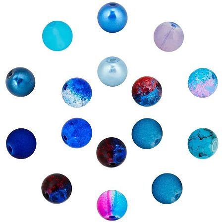Nbeads 454g Mixed Round Glass Beads,8mm Spray Painted Transparent & Crackle & Frosted & Imitation Opalite Glass Beads and Baking Painted Pearlized Glass Pearl Beads for Jewelry Making