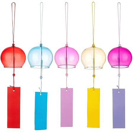 BENECREAT 5Pcs 5 color Glass Wind Chime Pendant with Polyester Cord Paper for Outdoor Indoor Decor
