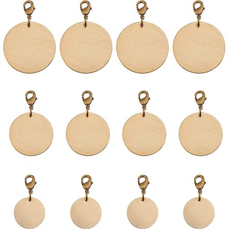 SUPERFINDINGS 12pcs 3 Style Brass Stamping Blank Tag Pendant Flat Round Blank Stamping Tags Antique Bronze Circle Blank Tag Charm with Lobster Claw Clasp for Jewelry Making