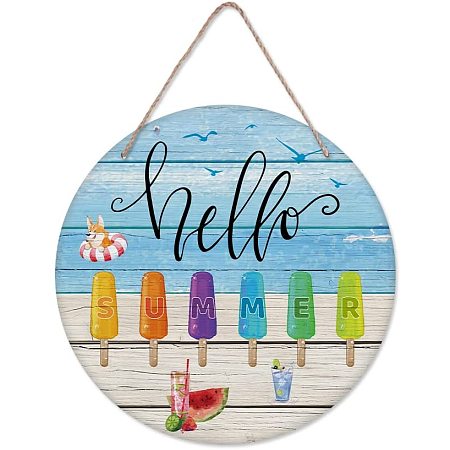 Arricraft Hello Summer Wooden Flat Round Hanging Door Sign Colorful Ice Lollies Pattern Wood Sign Wall Hanging Decor for Home Farmhouse Front Door Outdoor Decoration 11.8x11.8in