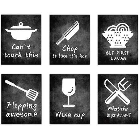 CREATCABIN Kitchen Wall Art Prints Kitchenware Wall Art Decor Black Quotes Posters for Men Women Farmhouse Home Office Decorations Set of 6 Unframed 8x10inch