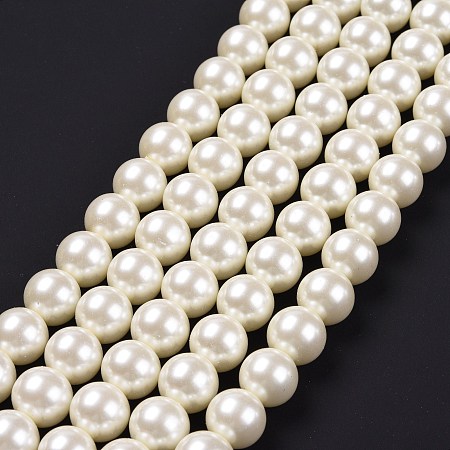 Arricraft Eco-Friendly Glass Pearl Bead Strands, Round, Dyed, Cotton Cord Threaded, Creamy White, 14mm, Hole: 1.2~1.5mm, about 30pcs/strand, 15.7 inch
