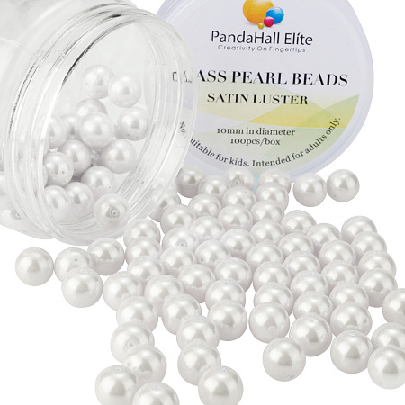 PandaHall Elite 10mm Anti-flash White Glass Pearl Tiny Satin Luster Round Loose Pearl Beads for Jewelry Making, about 100pcs/box