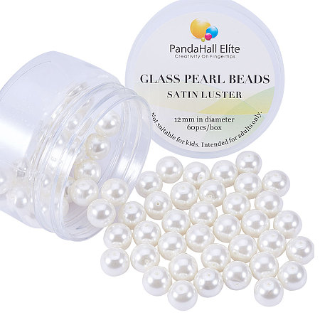 PandaHall Elite 12mm About 60 Pcs Tiny Satin Luster Dyed Glass Pearl Round Loose Beads Assorted Lot for Jewelry Making Beige