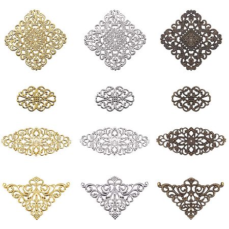 Arricraft 60pcs Filigree Wrap Charm Pendant Connector, 3 Color 4 Size Flower Filigree Connectors Charms Metal Wraps Connector for DIY Hairpin Headwear Earring Jewelry Making