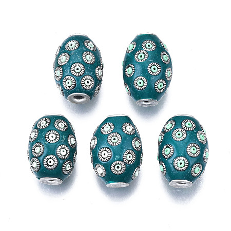 Honeyhandy Handmade Indonesia Beads, with Alloy Findings, Oval, Antique Silver, Teal, 21~22x15~16mm, Hole: 3mm
