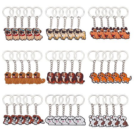 CRASPIRE 45Pcs 9 Style Cute Cartoon PVC Plastic Dog Pendant Keychain, with Iron Findings, Mixed Color, 74~84mm, 5pcs/style